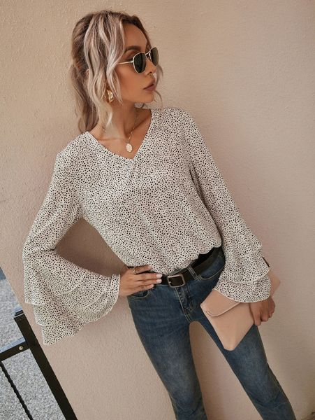 allover print layer sleeve blouse 72l6#, White
allover print layer sleeve blouse 72l6#, White