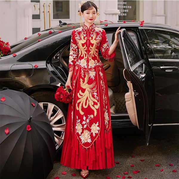 ethnic clothing flower phoenix embroidery marry clothes cheongsam chinese traditional bride wedding dress qipao, Red
ethnic clothing flower phoenix embroidery marry clothes cheongsam chinese traditional bride wedding dress qipao, Red