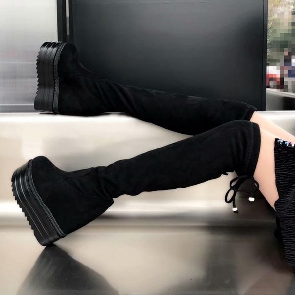 14cm women's over-the-knee boots was thin stretch stovepipe thick-sole within increase long wedge high 39, Black