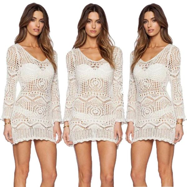 women lace beach cover up dress long sleeve bathing sundress tunic hollow knit swimwear white crochet beachwear women's, White;black
women lace beach cover up dress long sleeve bathing sundress tunic hollow knit swimwear white crochet beachwear women's, White;black