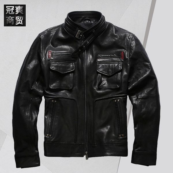 fashion leather spring and autumn leisure collar hunting jacket men's short multi pocket vegetable tanned sheep, Black
fashion leather spring and autumn leisure collar hunting jacket men's short multi pocket vegetable tanned sheep, Black