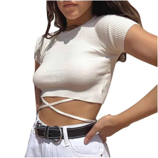 women's t-shirt knitted short sleeve women 2021 solid bandage design crop summer casual crop teens streetwear a20, White
women's t-shirt knitted short sleeve women 2021 solid bandage design crop summer casual crop teens streetwear a20, White