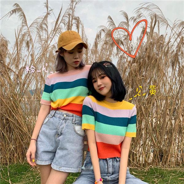 women's t-shirt woman tshirts rainbow striped knitted short-sleeved summer crop mujer camisetas, White
women's t-shirt woman tshirts rainbow striped knitted short-sleeved summer crop mujer camisetas, White