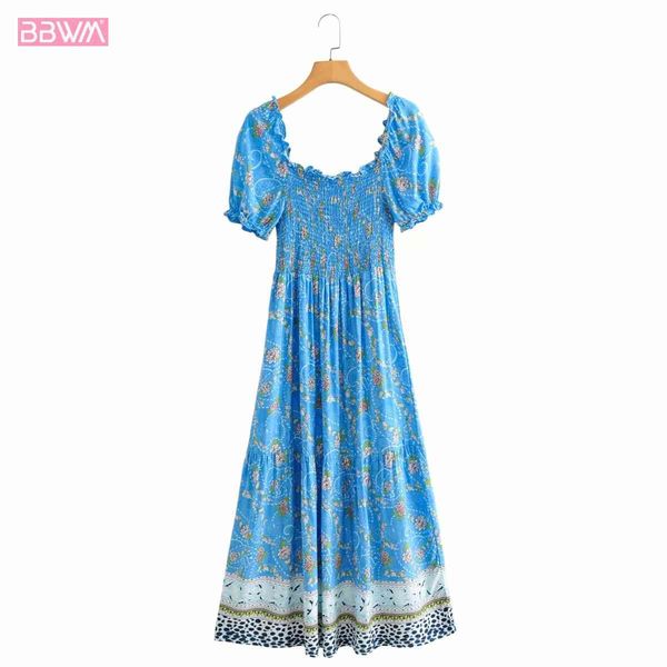 women square neck short sleeve open back blue printed dress vintage slim puff sleeves middle length chic female dress mujer 210507, Black;gray
women square neck short sleeve open back blue printed dress vintage slim puff sleeves middle length chic female dress mujer 210507, Black;gray