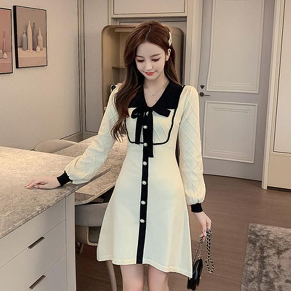 elegant women's sweater designer sweet dress fashion single-breasted lantern sleeve splicing bow knitted vestidos casual dresses, Black;gray
elegant women's sweater designer sweet dress fashion single-breasted lantern sleeve splicing bow knitted vestidos casual dresses, Black;gray