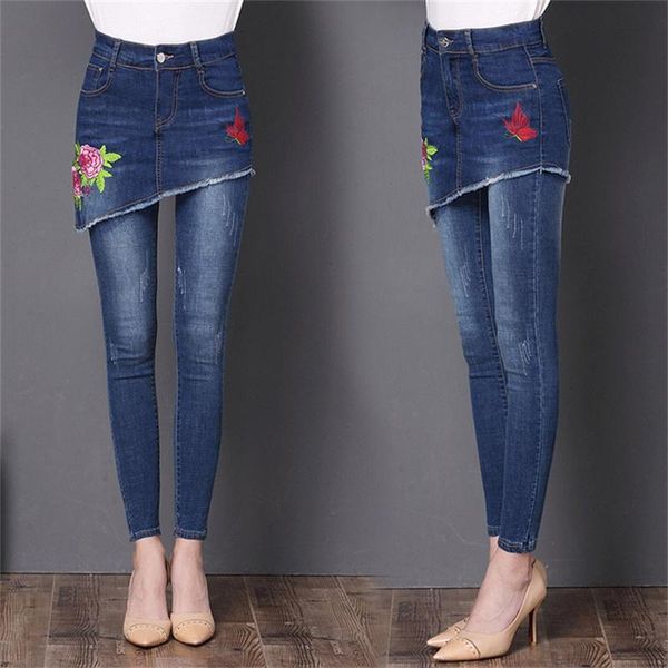 women's embroidered jeans embroidery fake two small feet pencil skirt, Blue 
women's embroidered jeans embroidery fake two small feet pencil skirt, Blue