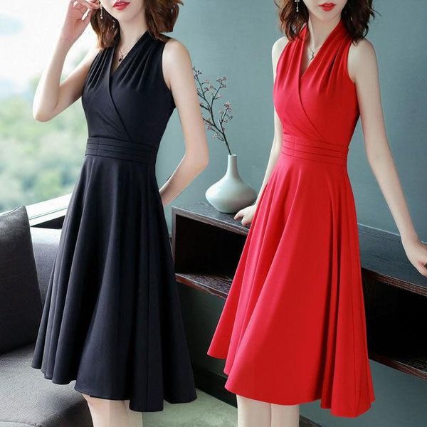 the hepburn style little black v-neck was thin and temperament in long section hanging neck dress female summer casual dresses, Black;gray
the hepburn style little black v-neck was thin and temperament in long section hanging neck dress female summer casual dresses, Black;gray