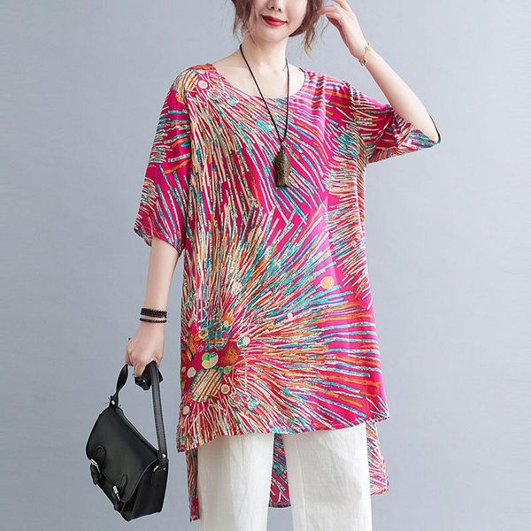 women's t-shirt oversized women cotton linen casual long 2021 summer retro creative colorful lines print loose irregular tees shirt, White
women's t-shirt oversized women cotton linen casual long 2021 summer retro creative colorful lines print loose irregular tees shirt, White