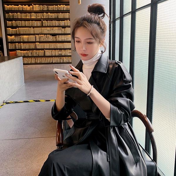 women's leather & faux long and thin pu trench coat s215., Black
women's leather & faux long and thin pu trench coat s215., Black