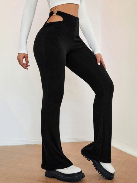 o-ring cut out waist flare leg pants z87u#, Black;white