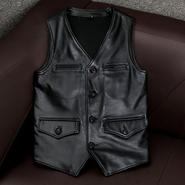 men's first layer pure cowhide leather waistcoat short v-neck multi-pocket slim casual vest vests, Black;white
men's first layer pure cowhide leather waistcoat short v-neck multi-pocket slim casual vest vests, Black;white