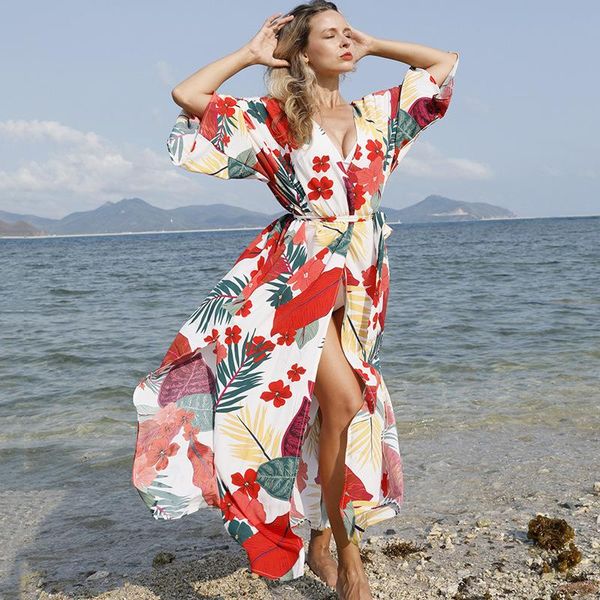 women's swimwear bikini cover up beach dress bohemian breathable safflower cardigan robe v neck plus size loose long sunscreen holiday, White;black
women's swimwear bikini cover up beach dress bohemian breathable safflower cardigan robe v neck plus size loose long sunscreen holiday, White;black