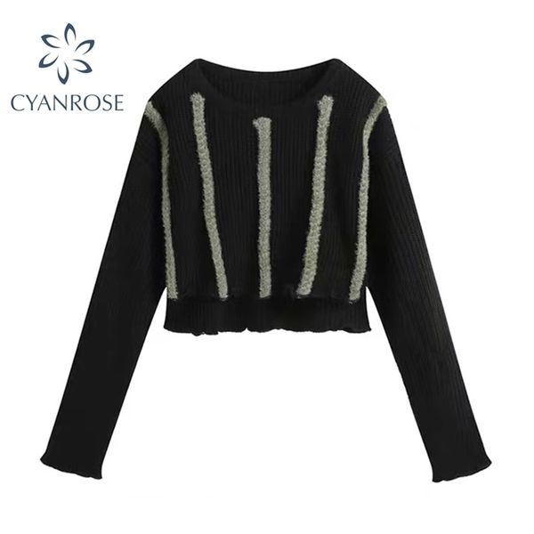 black crop knitted sweater women spring vintage striped spliced pullover knit long sleeve street harajuku chic knitwear 210515, White;black
black crop knitted sweater women spring vintage striped spliced pullover knit long sleeve street harajuku chic knitwear 210515, White;black
