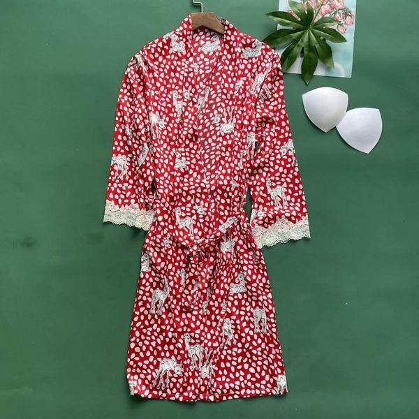 women's sleepwear red printed robe bride wedding satin silky kimono gown summer nightwear female lace bathrobe home wear, Black;red