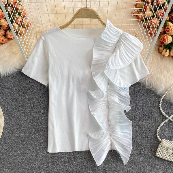 women's blouses & shirts summer korean ruffles stitching female diamond loose solid color casual short sleeved round neck blouse for wo, White
women's blouses & shirts summer korean ruffles stitching female diamond loose solid color casual short sleeved round neck blouse for wo, White