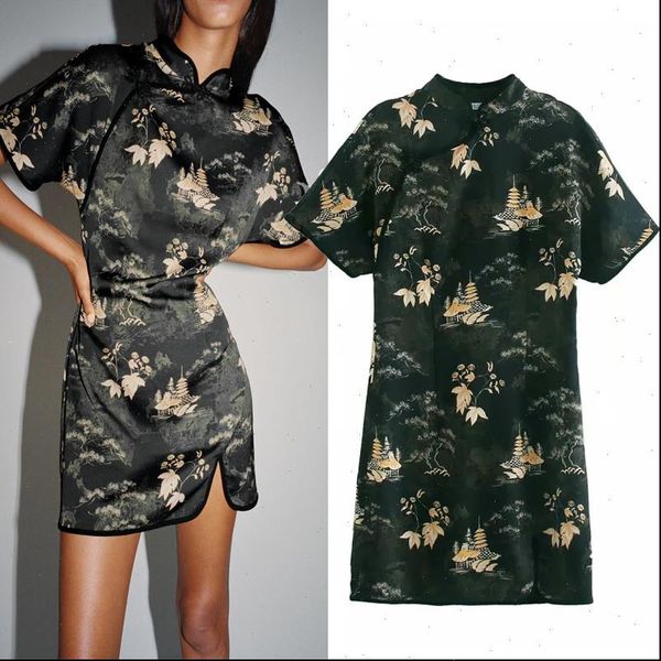 black toggles printed mini womens dresses za chinese style short sleeve high neck ladies elegant, Black;gray
black toggles printed mini womens dresses za chinese style short sleeve high neck ladies elegant, Black;gray