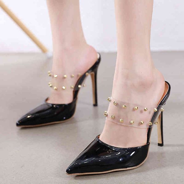 gold patchwork transparent pvc strap rivet pointed toe stiletto heels mules luxury designer shoes size 35 to 40, Black
gold patchwork transparent pvc strap rivet pointed toe stiletto heels mules luxury designer shoes size 35 to 40, Black
