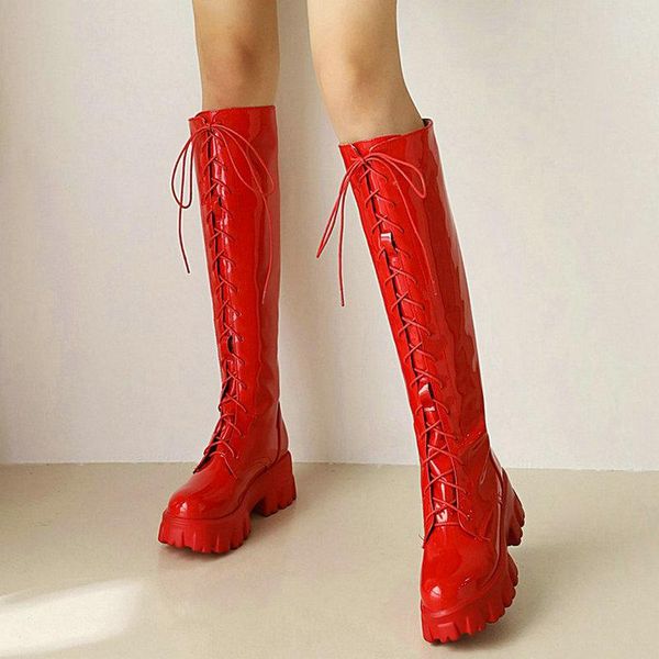 boots 2021 women knee high platform square heel ladies lace up patent pu leather round toe women's big size 43, Black
boots 2021 women knee high platform square heel ladies lace up patent pu leather round toe women's big size 43, Black