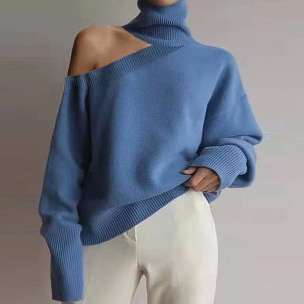 women turtleneck one off shoulder knitted sweater solid color ladies pullover fashion hollow out jumper streetwear, White;black
women turtleneck one off shoulder knitted sweater solid color ladies pullover fashion hollow out jumper streetwear, White;black