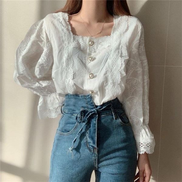 women blouses stylish hollow out square collar palace style pearls gentle flare sleeved chic brief all match shirts, White
women blouses stylish hollow out square collar palace style pearls gentle flare sleeved chic brief all match shirts, White