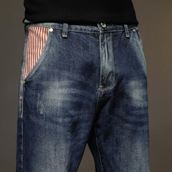 men's jeans baggy pants men loose fit harem style streetwear patchwork pockets striped denim trousers trendy hip hop male, Blue
men's jeans baggy pants men loose fit harem style streetwear patchwork pockets striped denim trousers trendy hip hop male, Blue