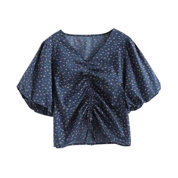 women white navy floral print shirt v neck short sleeve spring summer puff blouse drawstring b0670 210514
women white navy floral print shirt v neck short sleeve spring summer puff blouse drawstring b0670 210514
