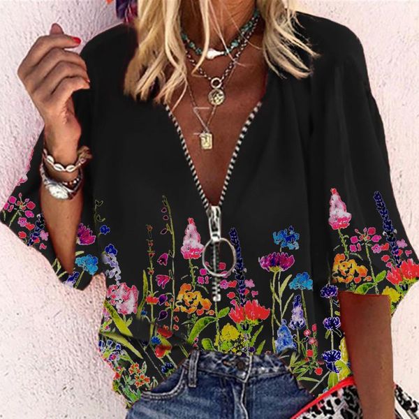 women's blouses & shirts half sleeve zipper floral print blouse women plus size casual tunic v neck vintage female blusas, White
women's blouses & shirts half sleeve zipper floral print blouse women plus size casual tunic v neck vintage female blusas, White