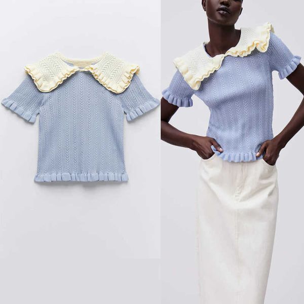 za patchwork ruffle knit spring sweater women short puff sleeve blue pullover feminine fashion vintage fitted knitted 210602, White;black
za patchwork ruffle knit spring sweater women short puff sleeve blue pullover feminine fashion vintage fitted knitted 210602, White;black