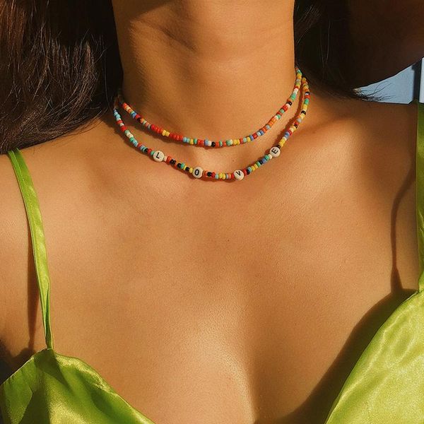 fashion simple geometric multicolor beaded clavicle chain double layer letter love necklace for women jewelry chokers, Golden;silver
fashion simple geometric multicolor beaded clavicle chain double layer letter love necklace for women jewelry chokers, Golden;silver