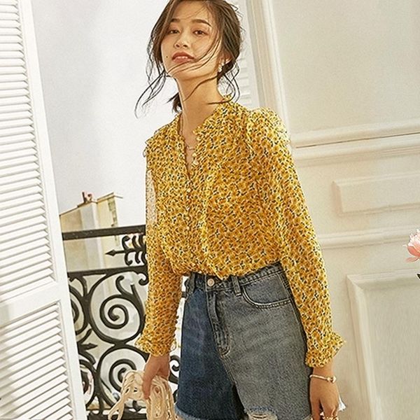 women's blouses & shirts 100% double layer silk blouse casual style floral printed ruffled neck buckle long sleeves office elegant fas, White
women's blouses & shirts 100% double layer silk blouse casual style floral printed ruffled neck buckle long sleeves office elegant fas, White