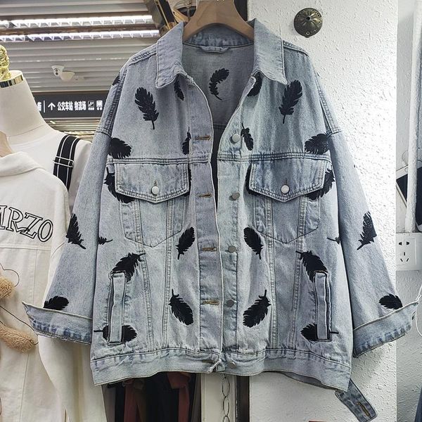 women's jackets 2021 spring embroidered feather pattern loose slimming mid-length denim jacket long-sleeved, Black;brown
women's jackets 2021 spring embroidered feather pattern loose slimming mid-length denim jacket long-sleeved, Black;brown