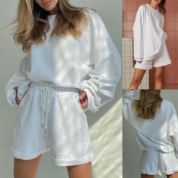 women's shorts 2021 spring autumn women fashion solid color o neck long sleeve blouse loose two pieces outfits, White;black
women's shorts 2021 spring autumn women fashion solid color o neck long sleeve blouse loose two pieces outfits, White;black