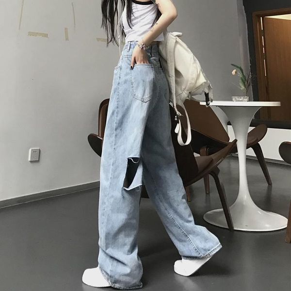women's jeans slashed to make old ins women loose wide legs drop straight pants buckle waist, Blue
women's jeans slashed to make old ins women loose wide legs drop straight pants buckle waist, Blue