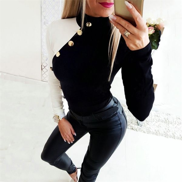 autumn elegant turtleneck tight black white patchwork t shirt women long sleeves tee side button slim casual pullover 210526
autumn elegant turtleneck tight black white patchwork t shirt women long sleeves tee side button slim casual pullover 210526