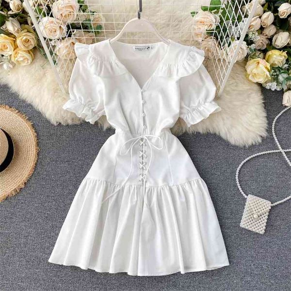 women summer sweet wooden ear v neck short sleeve buckle lace-up high waist elegant white black dress vestidos n150 210527, Black;gray 
women summer sweet wooden ear v neck short sleeve buckle lace-up high waist elegant white black dress vestidos n150 210527, Black;gray