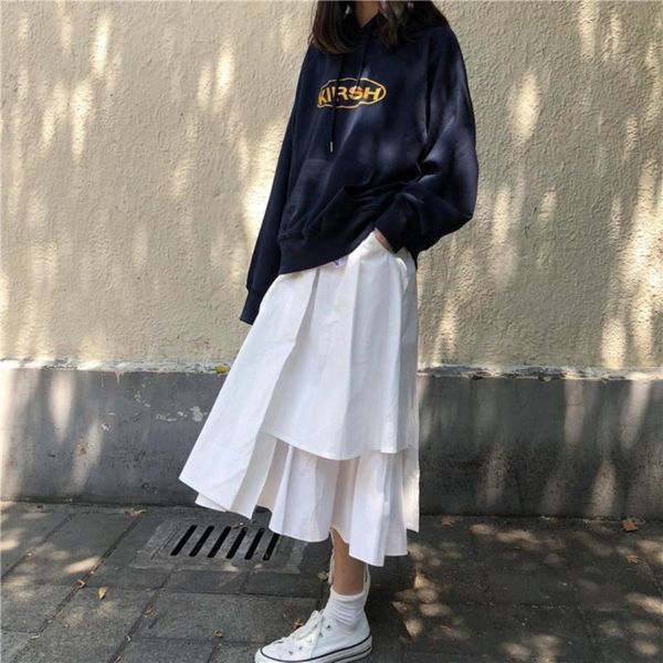 skirts women lady casual solid color loose high waist pleated irregular hem long skirt, Black
skirts women lady casual solid color loose high waist pleated irregular hem long skirt, Black