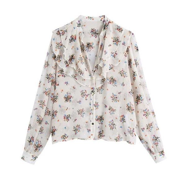 spring chiffon floral blouse cascading ruffles v neck puff sleeve casual street style female ladies shirts 210525, White 
spring chiffon floral blouse cascading ruffles v neck puff sleeve casual street style female ladies shirts 210525, White