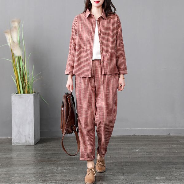 women's two piece pants arrival spring korea fashion women long sleeve shirt elastic waist loose pant suit cotton linen stripe 2 p, White
women's two piece pants arrival spring korea fashion women long sleeve shirt elastic waist loose pant suit cotton linen stripe 2 p, White