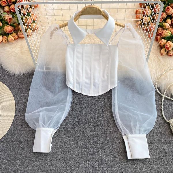women's blouses & shirts autumn style halter neck turn-down collar mesh patchwork blouse female designer slim long sleeved backless, White
women's blouses & shirts autumn style halter neck turn-down collar mesh patchwork blouse female designer slim long sleeved backless, White
