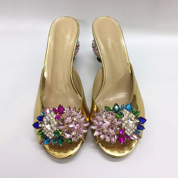 slippers beading round heel formal mules metallic gold leather summer open toe high crystal dress shoes women, Black 
slippers beading round heel formal mules metallic gold leather summer open toe high crystal dress shoes women, Black