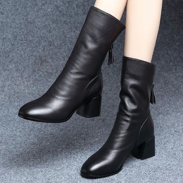 winter soft leather mid-heel boots women's thick-heeled all-match fashion pointed, Black
winter soft leather mid-heel boots women's thick-heeled all-match fashion pointed, Black