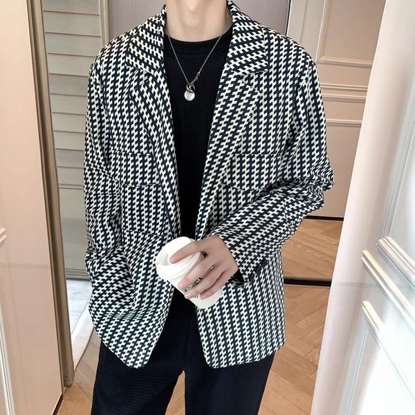 men's suits & blazers men single breasted loose houndstooth business casual office suit jacket british wedding social slim coat, White;black
men's suits & blazers men single breasted loose houndstooth business casual office suit jacket british wedding social slim coat, White;black
