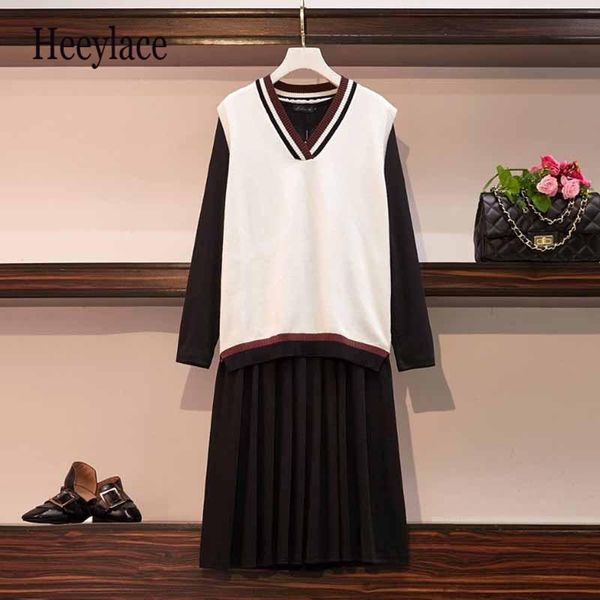 two piece dress women large plus size vintage sets 2021 autumn&winter elegant women's knitted vest pleasted two-piece matching, White
two piece dress women large plus size vintage sets 2021 autumn&winter elegant women's knitted vest pleasted two-piece matching, White