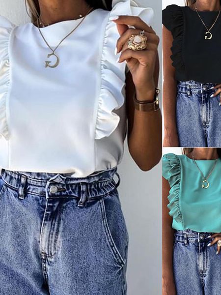 women's blouses & shirts fashion solid color summer women blouse ruffles short sleeve elegant female cropped wild tide o neck office l, White
women's blouses & shirts fashion solid color summer women blouse ruffles short sleeve elegant female cropped wild tide o neck office l, White