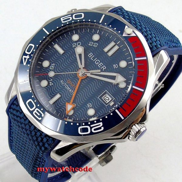 new 41mm bliger blue dial gmt hand luminous marks ceramic bezel sapphire glass date automatic gentlemen clock b244, Slivery;brown
new 41mm bliger blue dial gmt hand luminous marks ceramic bezel sapphire glass date automatic gentlemen clock b244, Slivery;brown