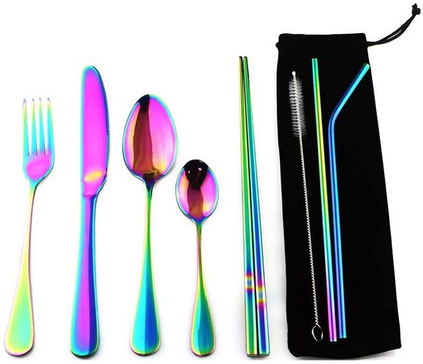 dinnerware sets 8pcs rainbow portable stainless steel set spoon fork chopsticks straw with pounch cutlery for travel camping
dinnerware sets 8pcs rainbow portable stainless steel set spoon fork chopsticks straw with pounch cutlery for travel camping