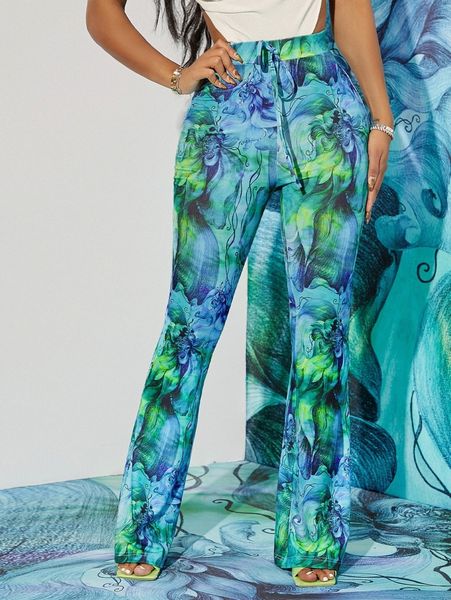knot waist graphic print flare leg pants r2qn#, Black;white