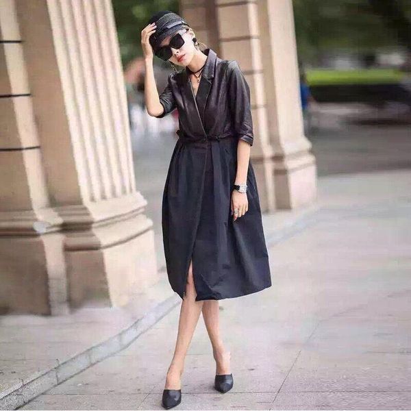 women's trench coats spring and autumn female genuine leather pieced windswear five-sleeve loose long temperament model leisure coat, Tan;black
women's trench coats spring and autumn female genuine leather pieced windswear five-sleeve loose long temperament model leisure coat, Tan;black