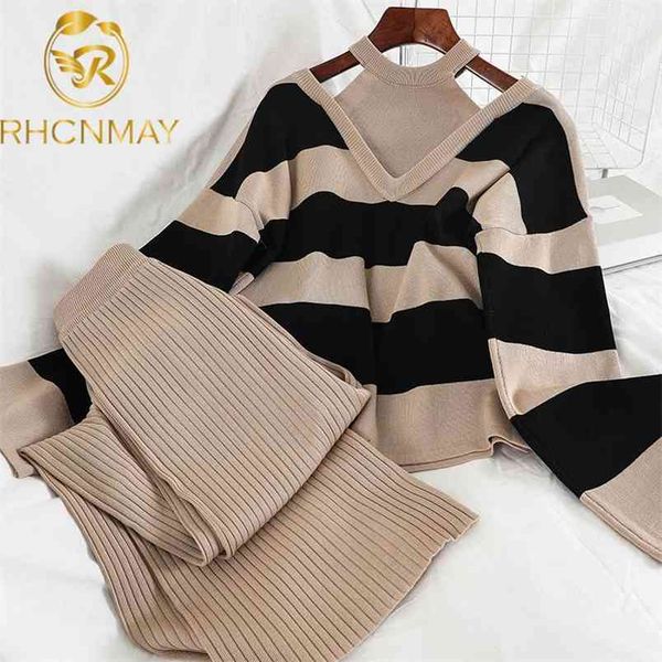 2pcs set women knitted pullovers sweater halter stripe knit jumper + wide leg long pants suits tracksuits 210506, White
2pcs set women knitted pullovers sweater halter stripe knit jumper + wide leg long pants suits tracksuits 210506, White