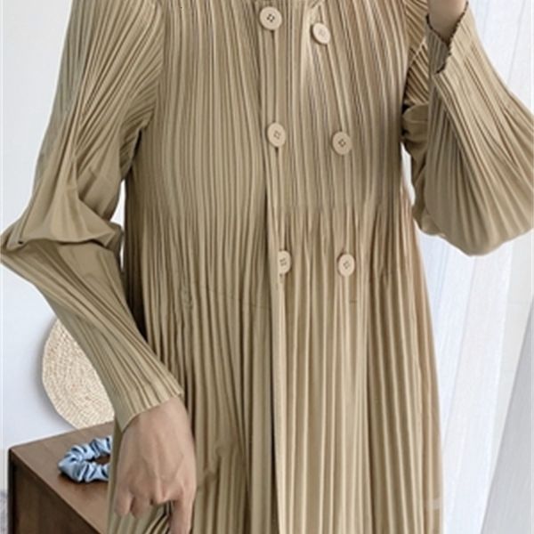 dresses miyake folds long sleeve lattice hooded collar double breasted coat, White 
dresses miyake folds long sleeve lattice hooded collar double breasted coat, White